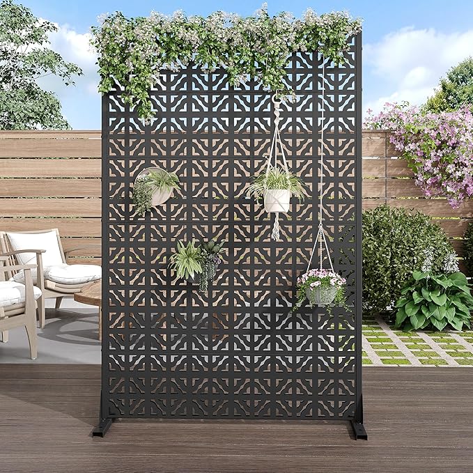 Casaphoria Metal Privacy Screen Outdoor, 72" H x 47" W Freestanding Decorative Privacy Screen for Patio Deck Balcony Garden with Stable Base, Black Charles
