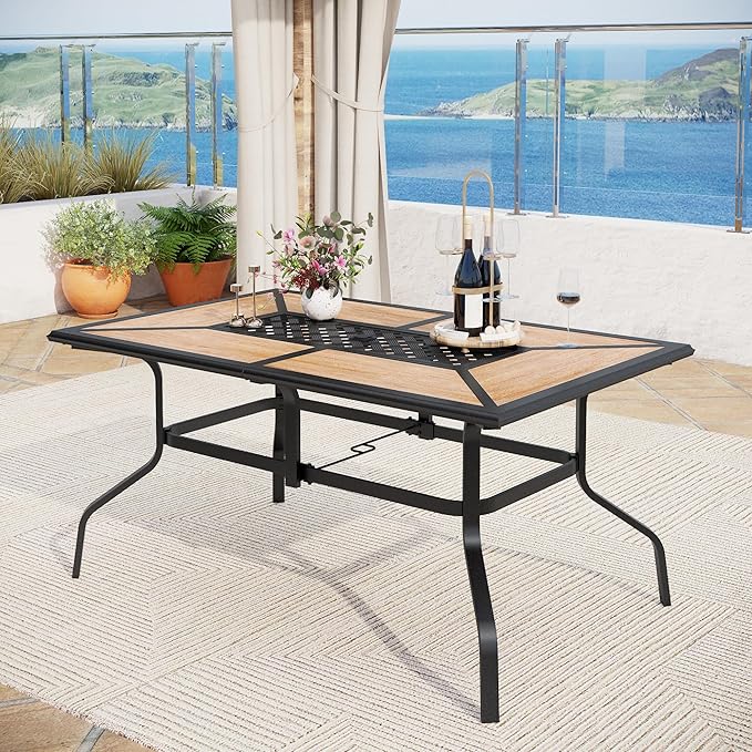 MFSTUDIO Outdoor Patio Dining Table for 6, Rectangular Patio Furniture Table with Metal Frame and Immitation Top, Adjustable Umbrella Hole