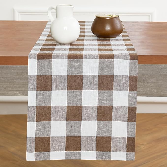 Solino Home Linen Table Runner 48 Inches - 100% Pure Linen Coco Brown and White Buffalo Check Short Table Runner 14 x 48 Inch Ideal for Dresser and Coffee Tables