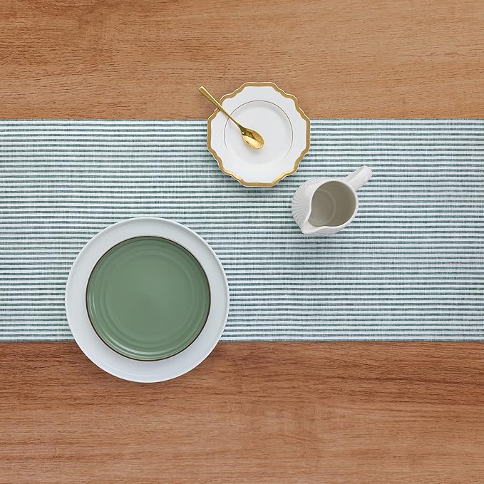 Solino Home Linen Striped Table Runner 108 Inches Long - Narrow Stripe 100% Pure Linen Rainforest and White Dining Table Runner 14 x 108 Inch for St Patricks Day