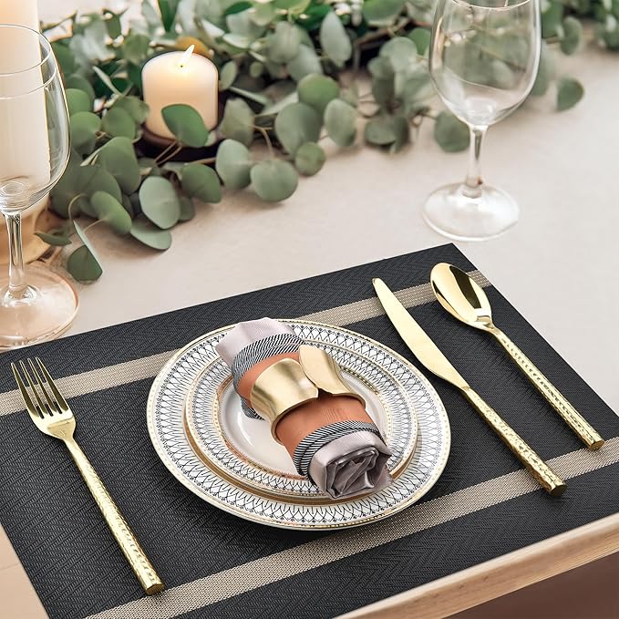 SLKQG Black Placemats Set of 6 - Easy Clean Modern Durable Washable Vinyl Place Mats - Heat Resistant Placemats for Kitchen Table - PVC Table Mats for Dining Table (Black with Stripes, 6)