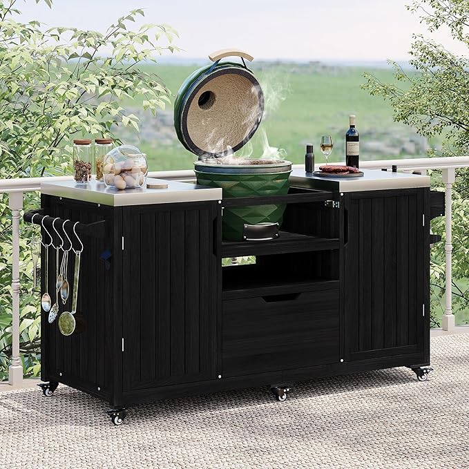 66.5" Outdoor Kitchen Island with Stainless Steel Top for Big Green Egg, Rolling Grill Cart with Adjustable Shelves, Lockable Wheels, Outdoor Table and Bar Storage Cabinet for Patio