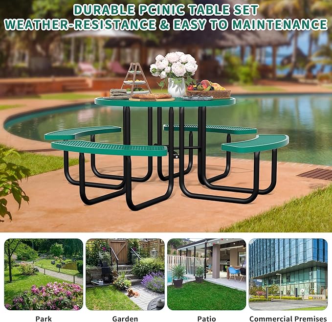 46'' Round Metal Picnic Table for Outdoors, Commercial Steel Metal Picnic Tables, Heavy Duty Sturdy Picnic Tables Furniture Set for Patio Garden Courtyard BBQ, with Umbrella Hole, Green