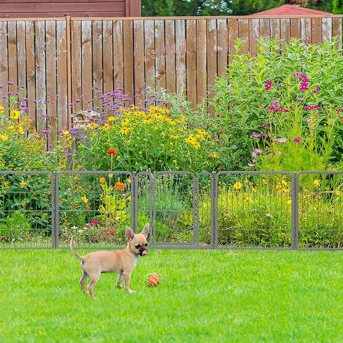 FXW Garden Fence Outdoor for The Yard – 24in(H) x 15.2ft(L) Heavy Duty Metal Animal Barrier for Dog and Rabbit, Decorative Dog Fence, 8 Panels, Silver