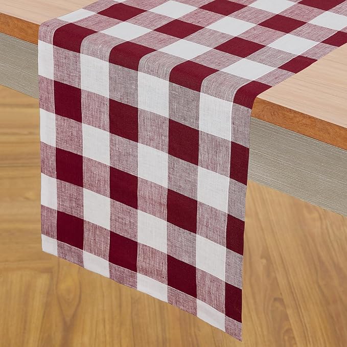 Solino Home Checkered Table Runner 120 Inches Long - 100% Pure Linen Buffalo Check Burgundy and White Table Runner 14 x 120 Inch Ideal for Dining, Valentines