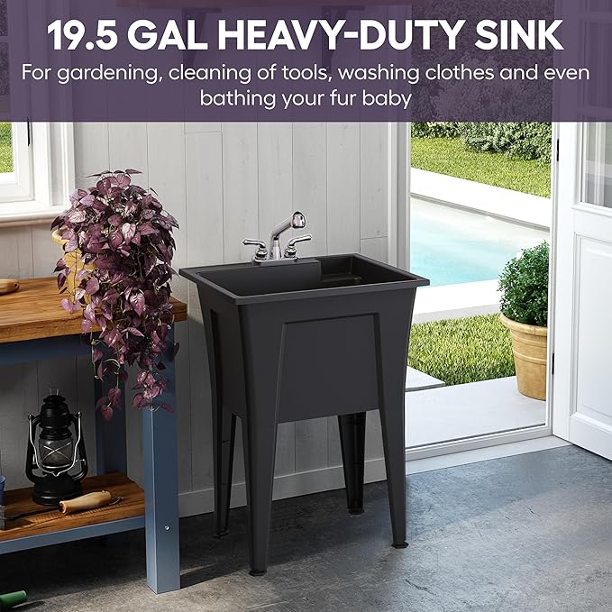 Freestanding Utility Sink with Stainless Steel Gooseneck Faucet - 24" Plastic Utility Sink for Garage, Laundry, Indoor and Oudoor Use - Laundry Tub Kit by Noah William Home - Black (19.5 gal)