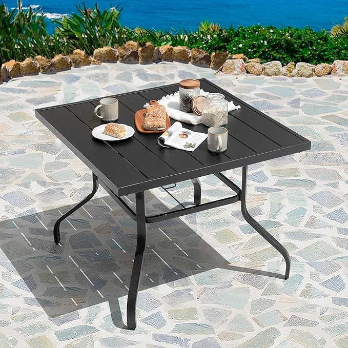 NUU GARDEN 37" Outdoor Patio Table, 4 Person Steel Slat Square Dining Table with 1.57" Umbrella Hole, Slatted Top and Powder Coated Iron Frame for Patio, Garden and Balcony, Black