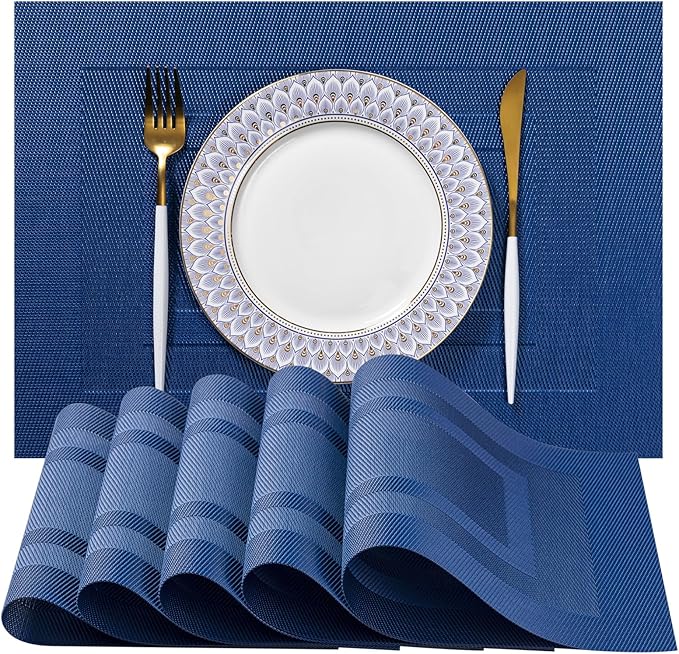 LEXMORE PlaceMats Set of 12 Vinyl/Plastic Woven Place Mats for Kitchen Table Indoor/Outdoor Washable PlaceMat Wipeable Dining Table Mats(Navy Cube)