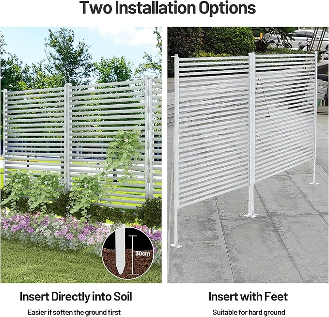 Outdoor Privacy Screen Fence with Feet Stand 3FT x 5FT, Freestanding Fence Privacy Screen for Outside, Metal Pipes and Slats Panels Divider Stake for Garden Patio Balcony Backyard White