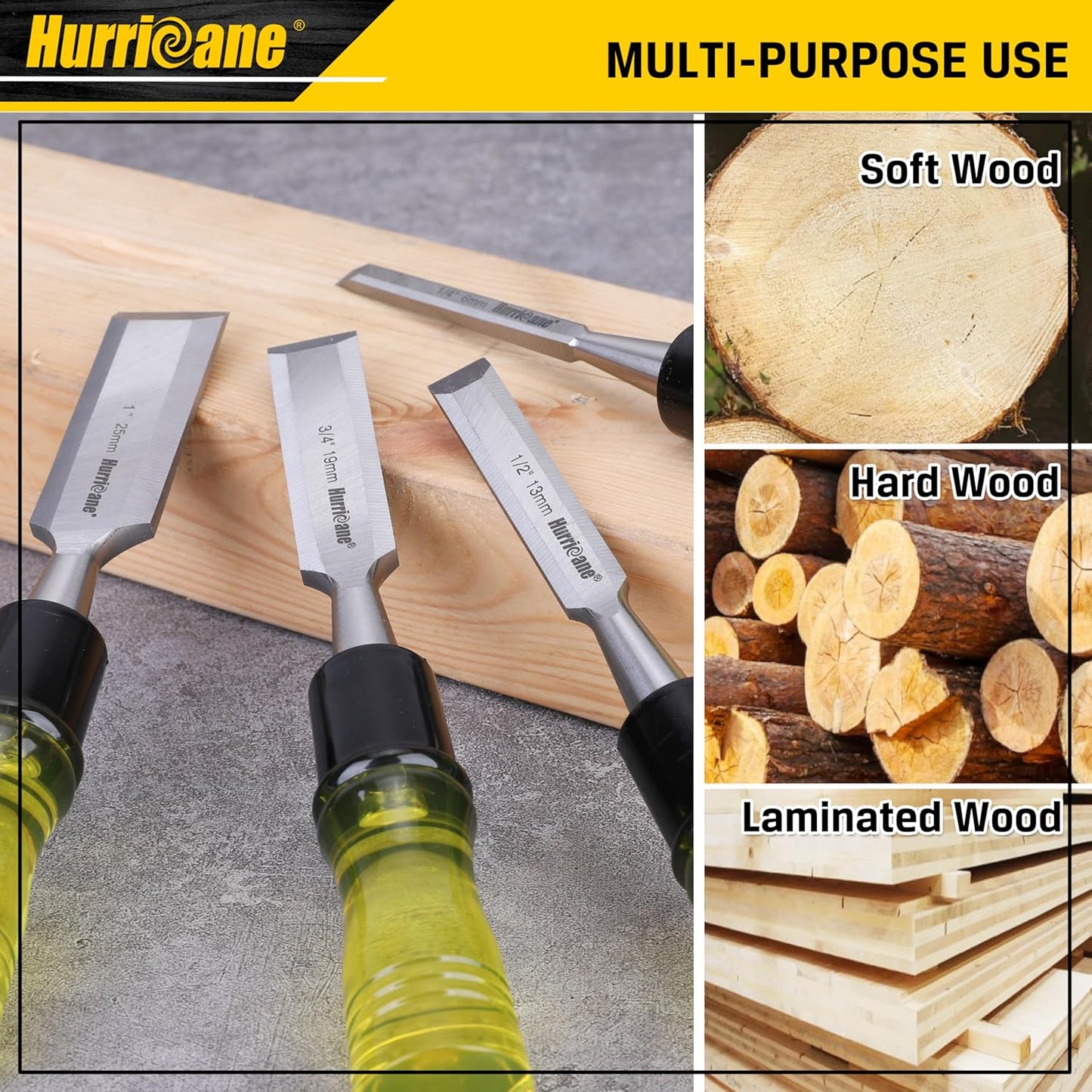 HURRICANE 4 Piece Wood Chisel Set for Woodworking. CR-V Steel Beveled Edge Blades with Safety Caps. Extra Large Grip, Impact-Resistant PVC Handle Chisels (1/4", 1/2", 3/4", 1")