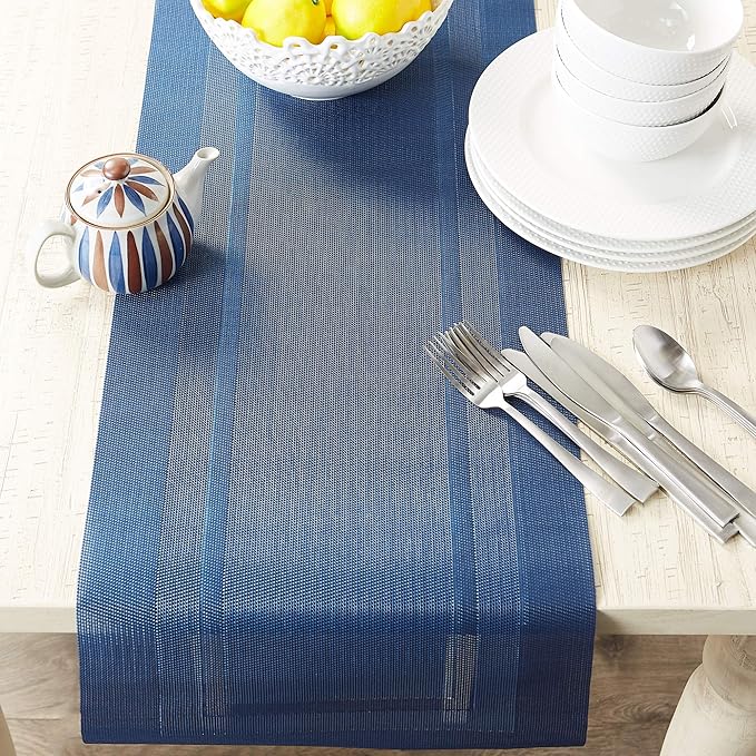 DII PVC Tabletop Collection Woven Indoor/Outdoor, Table Runner, 14x72, Nautical Blue
