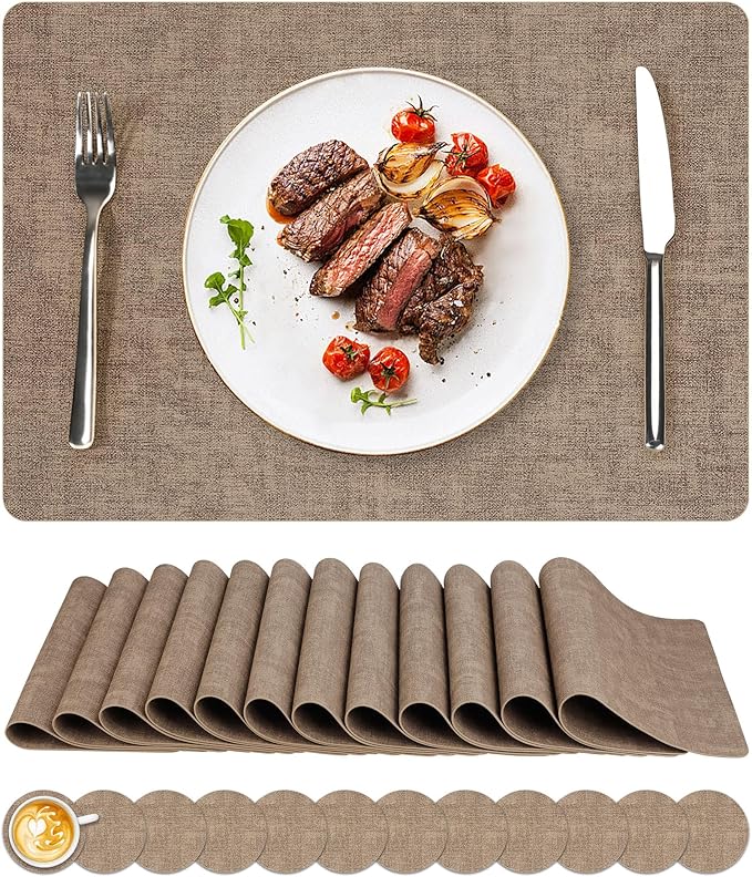 Vinyl Placemats Set of 12, Faux Leather Waterproof and Heat Resistant Place Mats, Washable Anti-Slip Table Mats with Coaster, Wipeable Placemats for Indoor & Outdoor 17" x 12" (Light Coffee Set of 12)