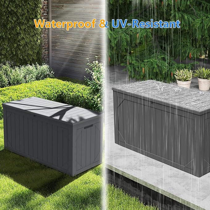 100 Gallon Resin Deck Box, Waterproof Outdoor Storage Box for Patio Furniture, Garden Tools, and Pool Accessories, Lockable UV-Resistant Storage Bin Bench Cabinet for Outside, Grey