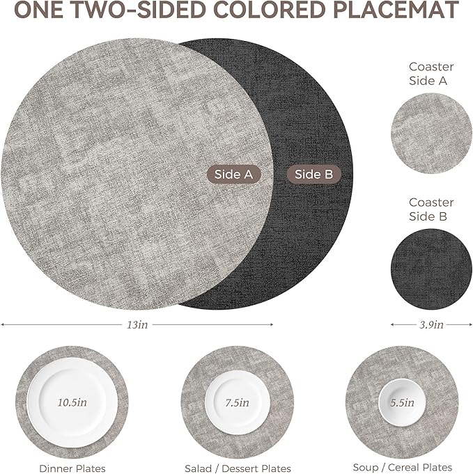 13" Round Placemats Set of 6, NCUE Dual-Sided Faux Leather Heat Resistant Table Mats, Waterproof Oilproof Washable Protective Table Placemats with Coaster, Wipeable Vinyl for Indoor & Outdoor Use