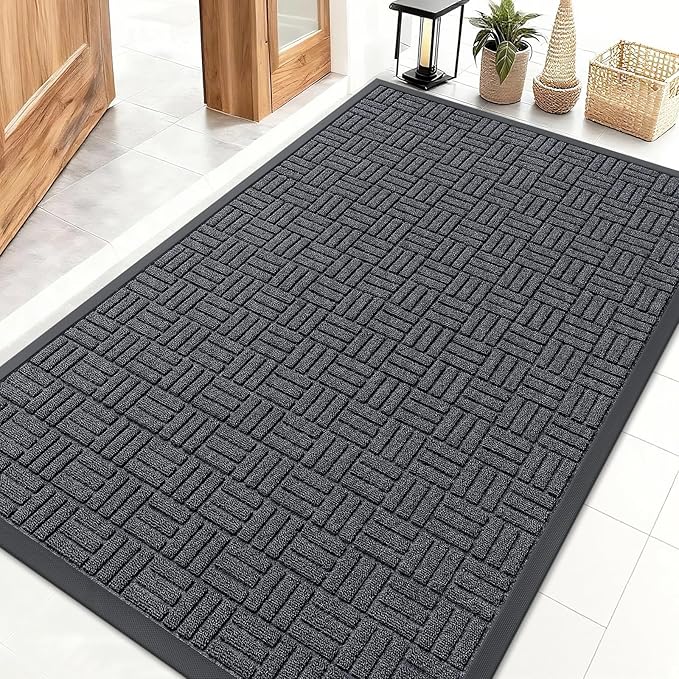 OLANLY Front Door Mat Outside Entrance 47x32, Absorbent, Heavy Duty Sturdy Natural Rubber Doormat Indoor Outdoor, Non-Slip, Stain and Fade Resistant, Low Profile Floor Mat for Entryway, Black Gray