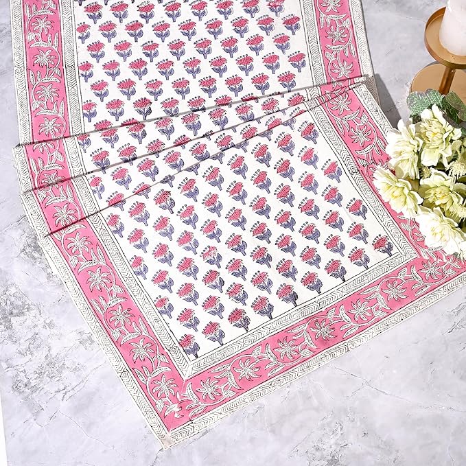 CPC Cotton Table Runner 16x90 Inch Block Printed Long Fall Table Runner for Dining Table, Card Table, Coffee Table, Wedding, Farmhouse & Outdoor Barbeque-Pink Sapphire