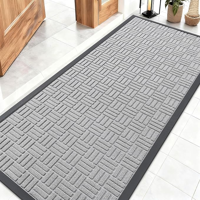OLANLY Front Door Mat Outside Entrance 59x23, Absorbent, Heavy Duty Sturdy Natural Rubber Doormat Indoor Outdoor, Non-Slip, Stain and Fade Resistant, Low Profile Floor Mat for Entryway, Light Gray