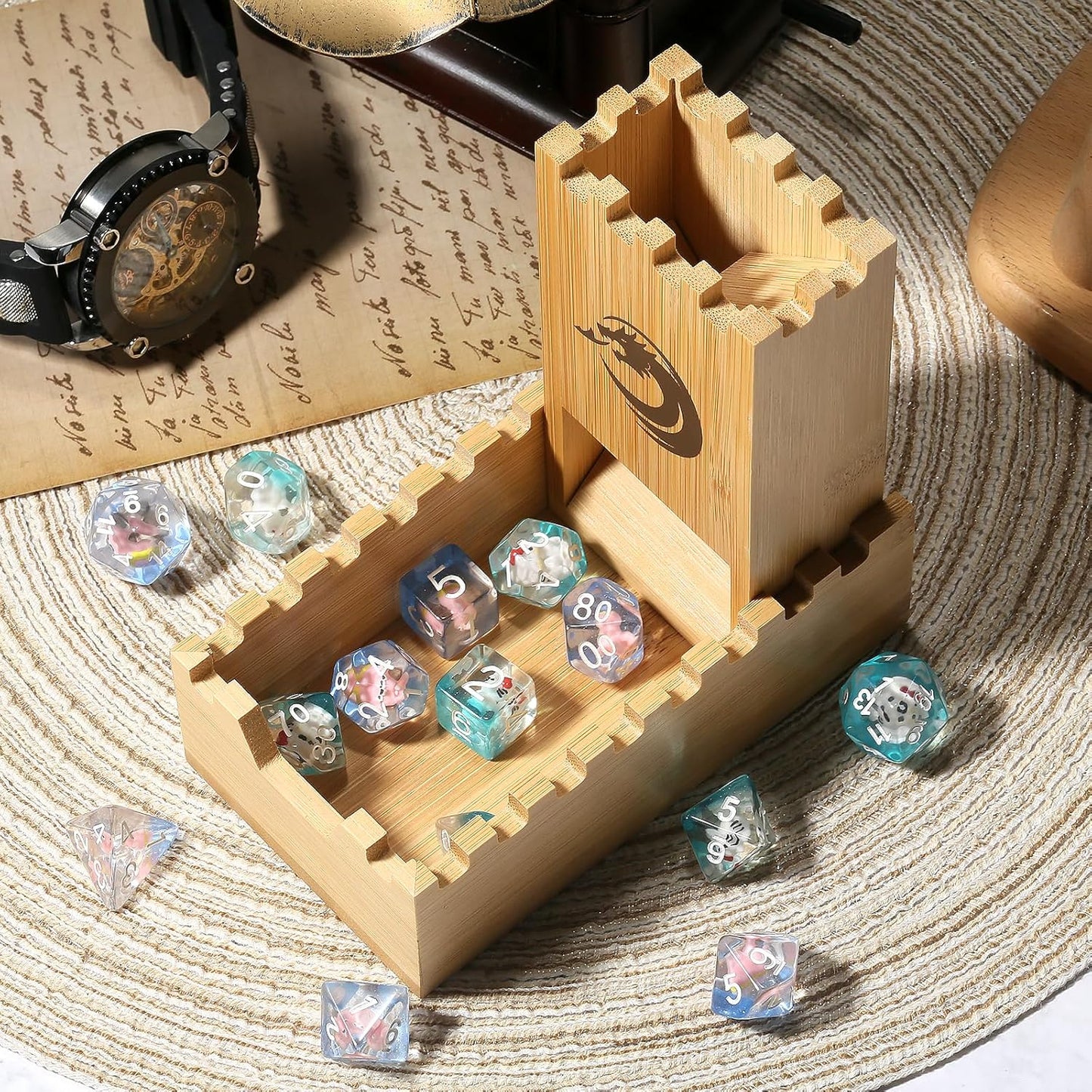 DNDND Bamboo Dice Tower, Folding Dice Tower DND Dice Rolling Tower for Dungeons and Dragons D&D Tabletop Game and RPG Games