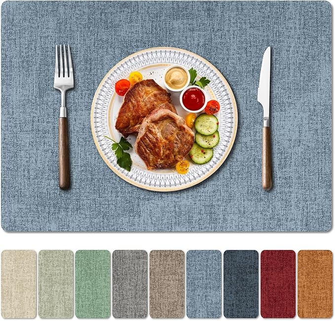 Faux Leather Heat Resistant Placemats Set of 4 – Waterproof Oilproof Wipeable Dining PU Place Mat Easy Clean Table Mats for Kitchen/Dining/Party/Holiday, Blue