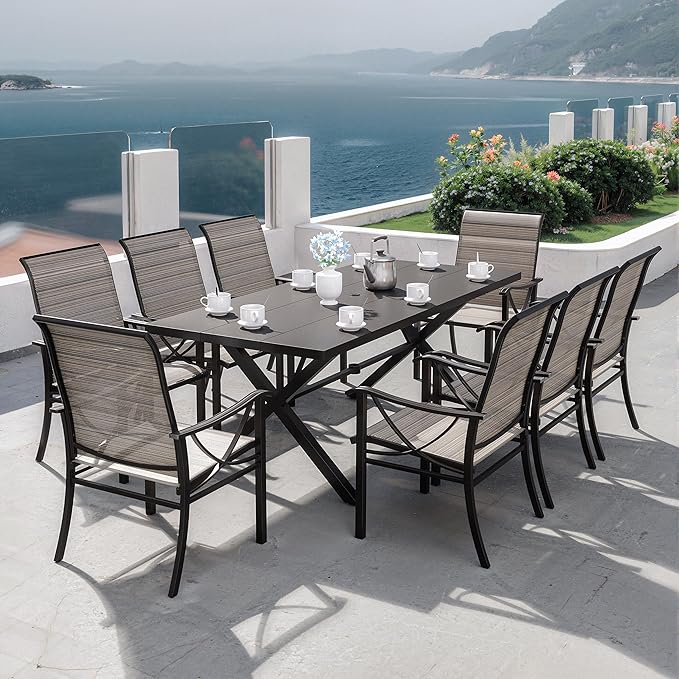 Kurapika 9-Piece Patio Dining Set, Patio Furniture Set for 8, Outdoor Large Metal Table with Umbrella Hole and Textilene Chairs, for Garden, Deck, Porch, Pool All Weather, Brown