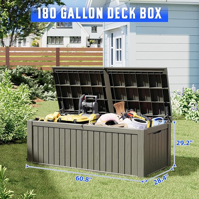 KAMABOKO Outdoor Storage Box, 180 Gallon Large Outdoor Resin Deck Box, Storage Waterproof Boxes Lockable Lid for Garden Tools, Pool Supplies, Patio Furniture and Cushions, Grey