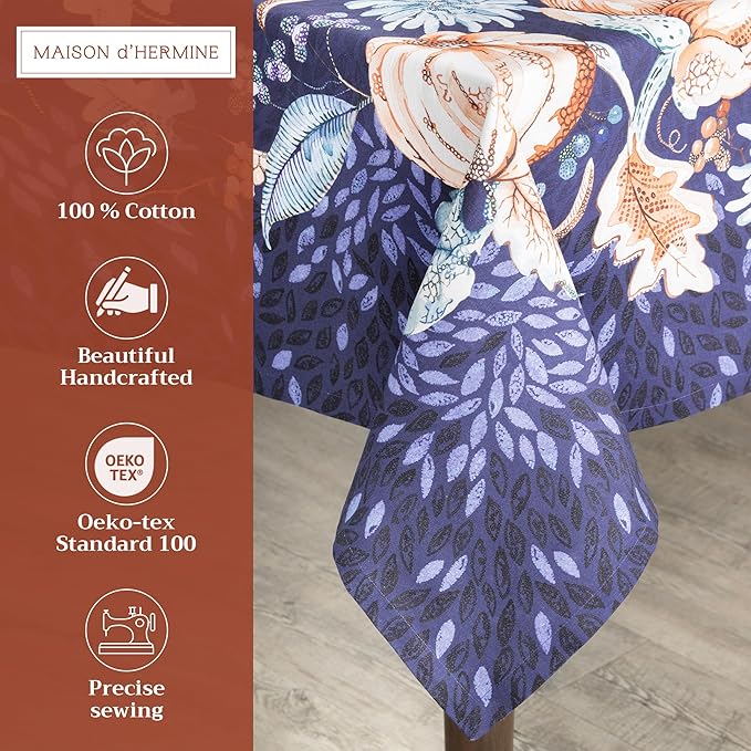 Maison d' Hermine Table Cloth Rectangle Table 100% Cotton 70 x 108 Inches Fall Tablecloth Reusable Everyday Use for Thanksgiving Christmas Decorations Dining Farmhouse Party (Pumpkin Blues)