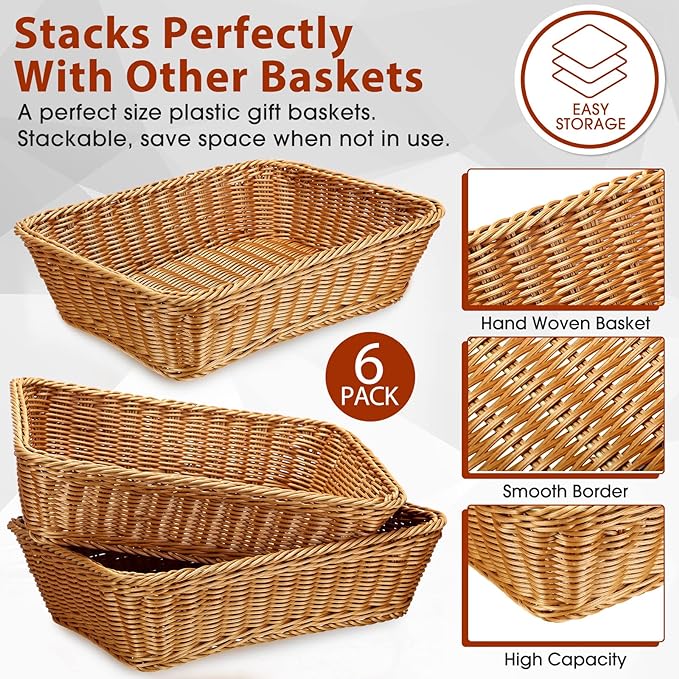 Eccliy 6 Pack Wicker Bread Baskets 15.8 Inch Woven Serving Basket for Gifts, Poly Wicker Storage Rectangle Rattan Display Trays for Bread Food Vegetables Fruit Snacks Tabletop Restaurant Home