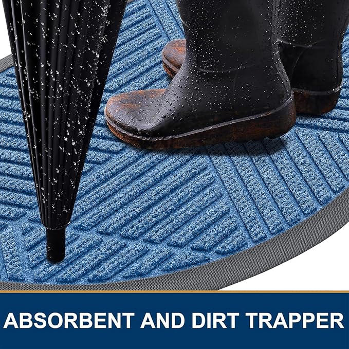 Smiry Half Circle Front Door Mat Outside Entrance, Heavy Duty Sturdy Natural Rubber Doormat, Trap Dirt and Moisture, Low Profile Mats for Indoor Outdoor Entry, Irregular Triangle (36x24, Blue)