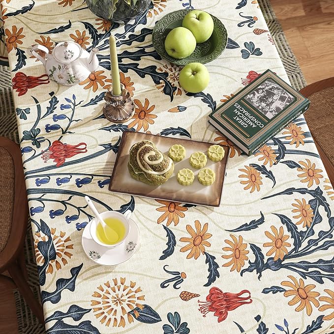 French Vintage Rectangular Tablecloth,Linen Extra Long Tablecloth with Gold and Red Floral Pattern,Decorative Table Cover for Kitchen,Dining,Thanksgiving,Living Room,67" × 118"-Tijuana