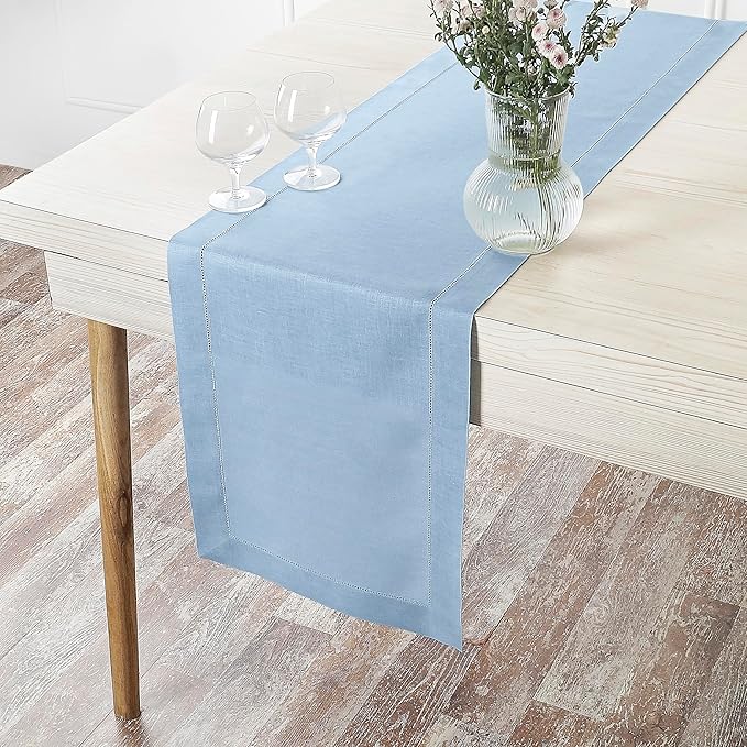 D'Moksha Homes Linen Powder Blue Table Runner 72 Inches Long - 100% Pure Linen Hemstitch Table Runner 14 x 72 Inch for Dresser, Dining, Spring, Easter - Classic Hemstitch