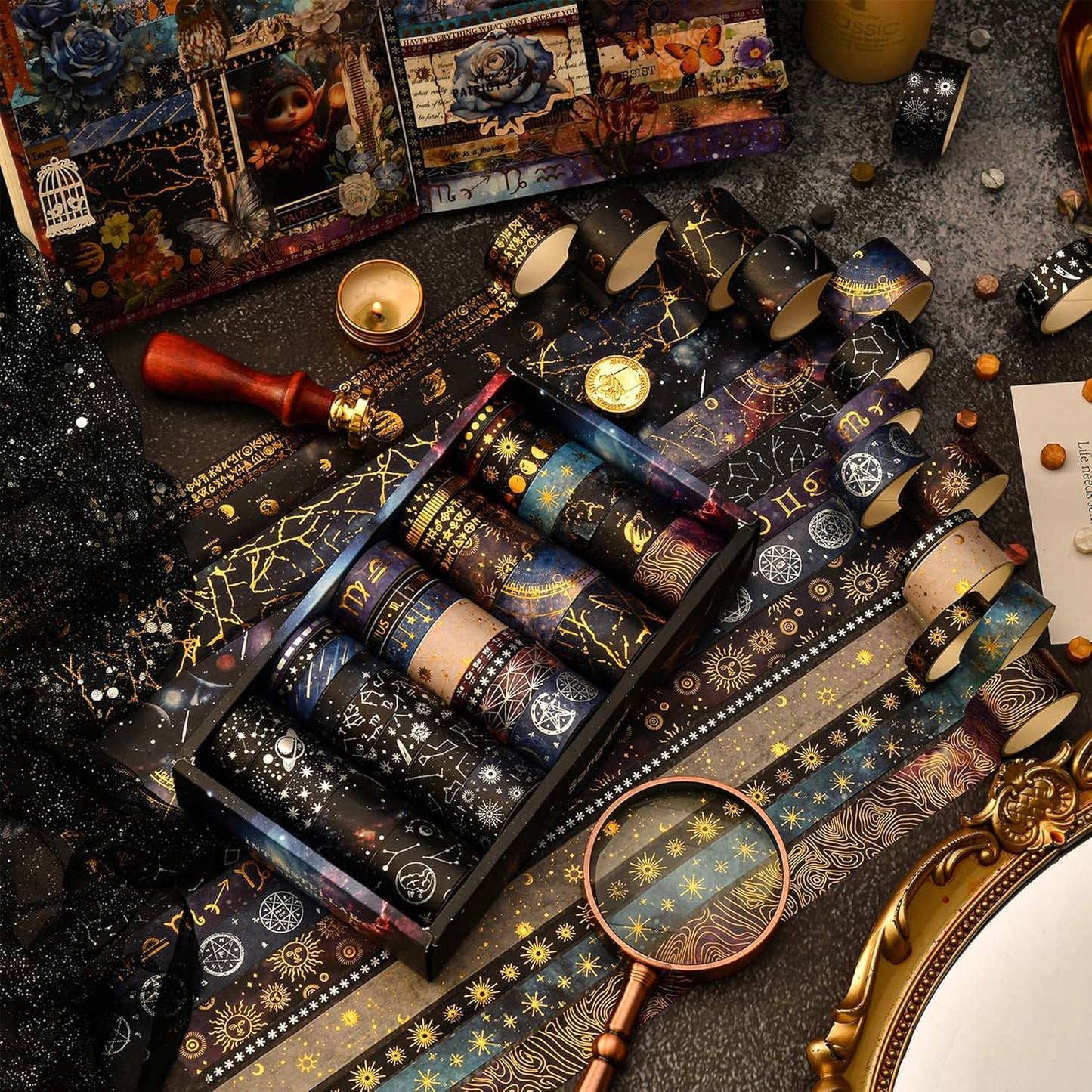 36 Rolls Galaxy Washi Tape Pack Stars Arts Adhesive Tapes Gold Silver Foil Decorative Masking Tape Sets for Craft, Kids, Scrapbook, DIY, Gift Wrapping (Constellation 36 Rolls)