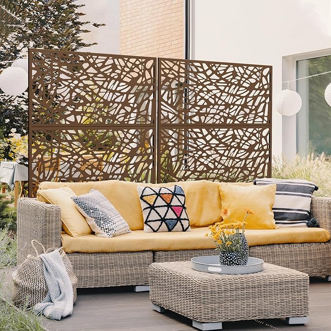 Metal Privacy Screen Outdoor 72" H×47" W,Freestanding Decorative Privacy Screen for Balcony Yard&Garden,Privacy Fence-Brown&Net