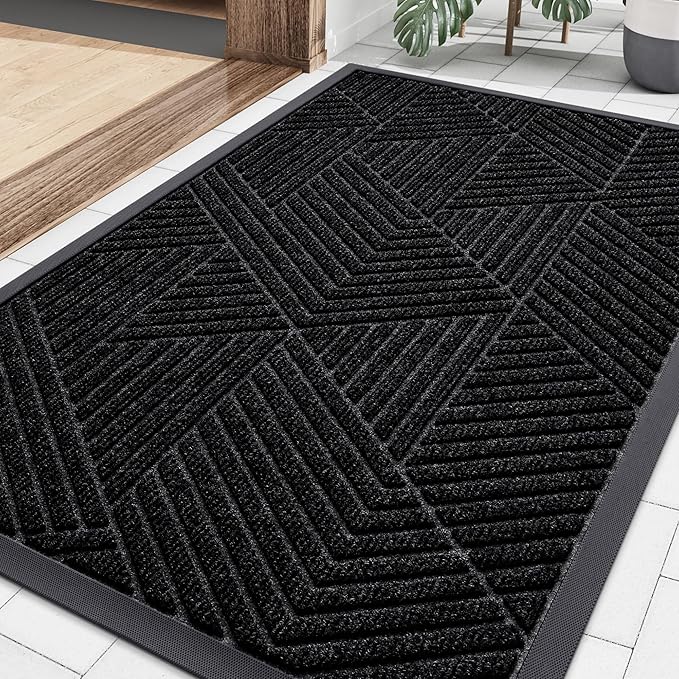 Smiry Front Door Mat Outside Entrance, Heavy Duty Sturdy Natural Rubber Doormat, Trap Dirt and Moisture, Easy Clean Low Profile Mats for Indoor Outdoor Entry, Irregular Triangle (36x24, Black)