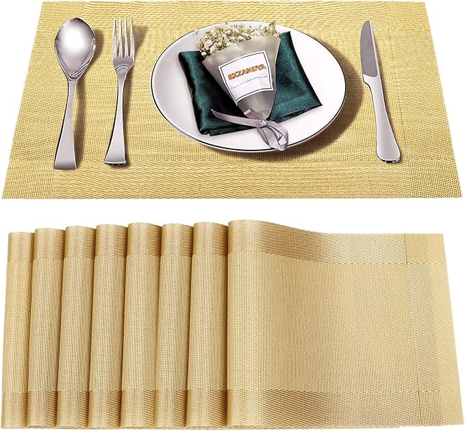 Placemats Set of 8,Washable,Heat and Stain Resistant Indoor/Outdoor Place mats,Vinyl Woven Non Slip Table Mats for Restaurant Table Protection,PVC Placemats(Gold,8PCS)
