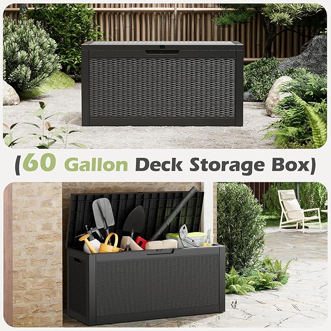 Outdoor Storage Box, 60 Gallon Outside Deck Box Waterproof,Resin Outdoor Storage Cabinet With Lockable Lid,Backyard Storage Bench For Garden Tools,Patio Cushions, Pool Tools, Package Delivery
