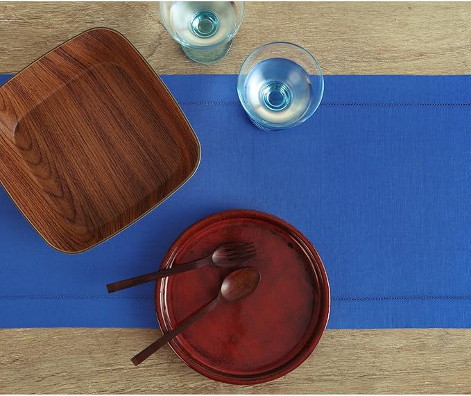 Solino Home Linen Royal Blue Table Runner 72 Inches Long - 100% Pure Linen Hemstitch Table Runner 14 x 72 Inch for Dresser, Dining, Spring - Classic Hemstitch
