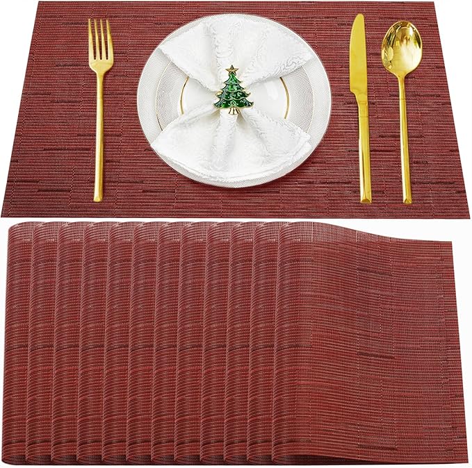 Placemats Set of 12,Washable,Heat and Stain Resistant Indoor/Outdoor Place mats,Vinyl Woven Non Slip Table Mats for Restaurant Table Protection,PVC Placemats(Red,12PCS)