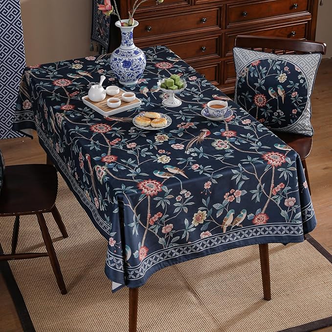 patdrea Designer Dark Blue Linen Rectangle Tablecloth,Vintage Navy French Floral and Birds Pattern Table Cloth,Decoration Table Cover for Kitchen,Dining,Tea Party,Home,Christmas,63"*87"