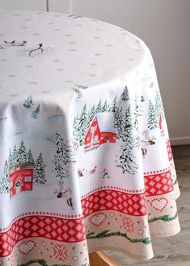 Maison d' Hermine Table Cloth Round Table 100% Cotton 69 Inches Fall Tablecloth Reusable Everyday Use for Thanksgiving Christmas Decorations Dining Farmhouse Party (Rural Christmas)