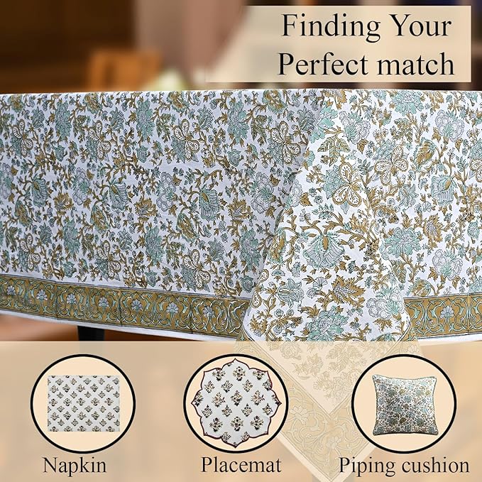 CPC Tablecloth 100% Cotton 72x140 Inch Indian Block Print Rectangle Table Cover, Blue Table Cloth for Weddings, Spring/Summer, Barbeque - Harvest Bloom