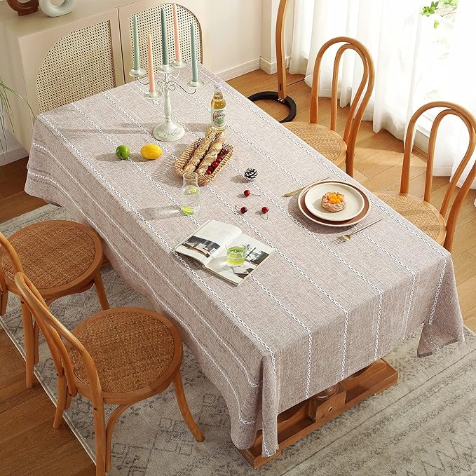 Chassic 60 x 104 inches Farmhouse Style Linen tablecloths, Wrinkle Resistant Washable Dining Room Table Cloths for 6 Foot Rectangle Tables - Hemstitch Light Coffee