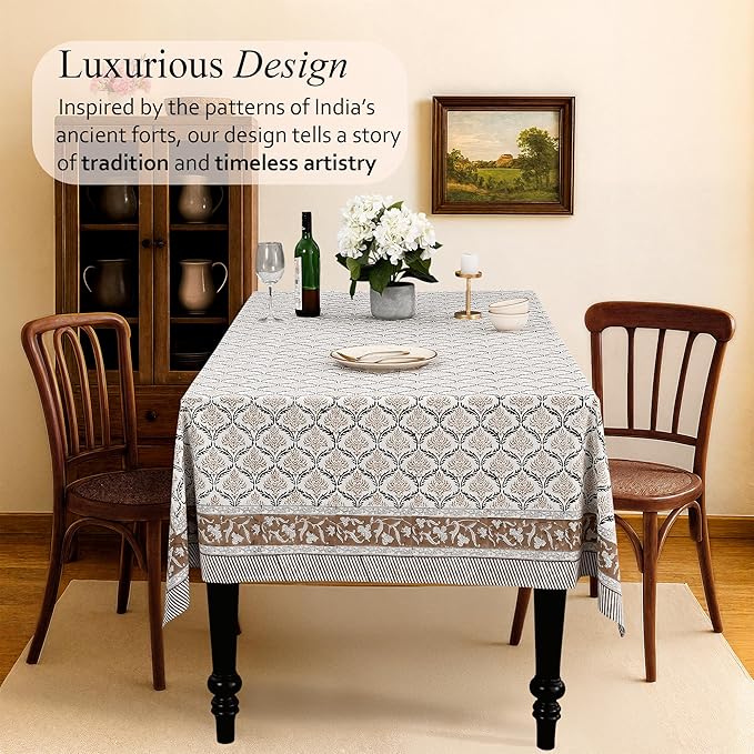 CPC Sandstone Regal Tablecloth 100% Cotton 60x60 Inch Indian Block Print Rectangle Table Cover, Table Cloth for Gifting in Weddings, Halloween, Fall, Christmas, Thanksgiving