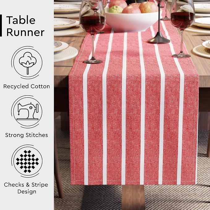 Encasa XO Cotton Dining Table Runner | Roma Red Stripes | Size 13x72 in - Machine Washable & Durable