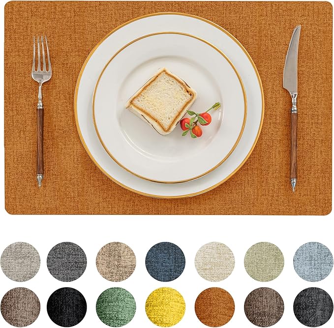 Romanstile Vinyl Placemats Set of 6-12 X 17 Inch - Heat Resistant Place Mats 100% Waterproof Oilproof Wipeable Reversible Faux Leather Table Mats for Kitchen, Dining, Party, Outdoor, Orange