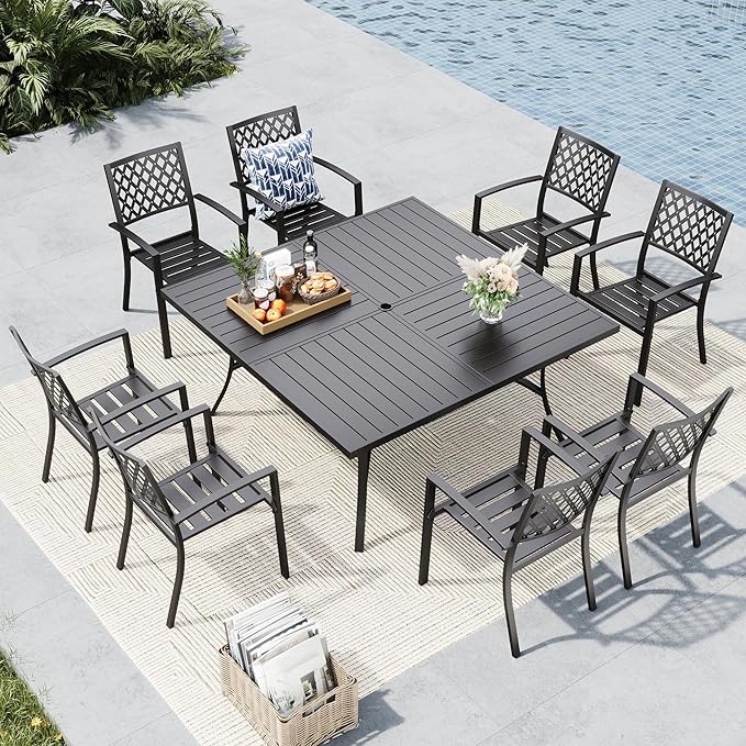 MFSTUDIO Outdoor Dining Set for 8, Metal Patio Table and Chairs Set, 9 Piece Patio Furniture Set, Patio Dining Set for Deck Backyard Poolside Garden