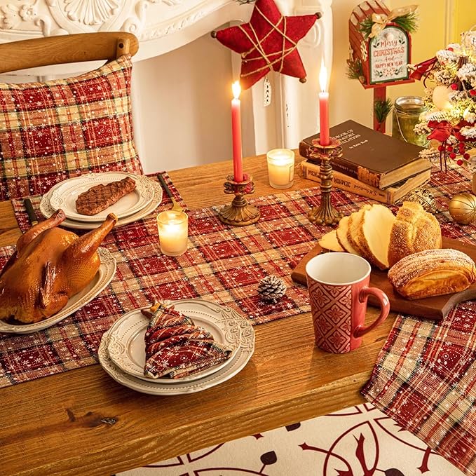 Red Plaid Snowflake Christmas Table Runner, Winter Holiday Table Runners 72 inches Long Xmas Decorations Indoor Outdoor Farmhouse Home Kitchen Dining Party Decor