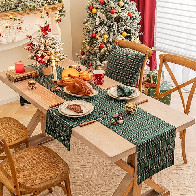 Green Blue Plaid Christmas Table Runner, Winter Holiday Table Runners 108 inches Long, Xmas Decorations Indoor Outdoor Farmhouse Home Kitchen Dining Party Decor