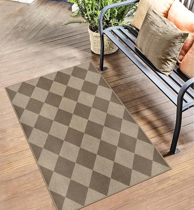 Easy Jute Checkered Entryway Rug, 2.6x4 Brown Modern Indoor Outdoor Doormat, Washable Non-Slip Neutral Kitchen Rug Farmhouse Diamond Throw Rugs for Entrance Bedroom Bathroom