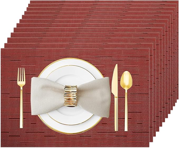 Placemats Set of 12 Washable&Wipeable Place mats for Dining Table Kitchen Indoor Outdoor Table Mats Heat Resistant Non Slip Woven Vinyl Table Placemats (Red，12PCS)