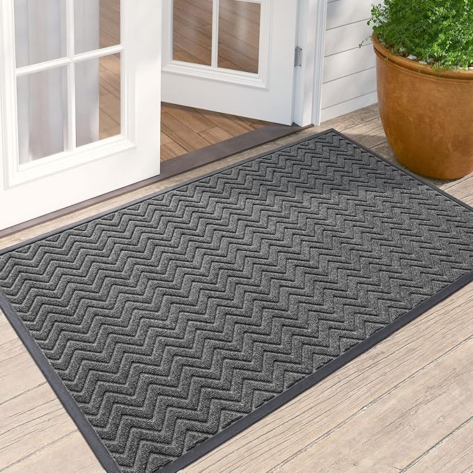 DEXI Front Door Mat Outside Entrance, 4x6 ft Large Rubber Entry Doormat Heavy Duty, Welcome Mats Non Slip for Inside House Floor Entryway Double Doors Exterior Patio, Chevron Dark Grey